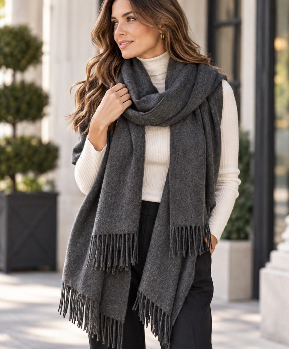 100% Pure Wool Oversized Scarf Shawl Dark Gray Fringe Quiet Luxury Wrap NWT